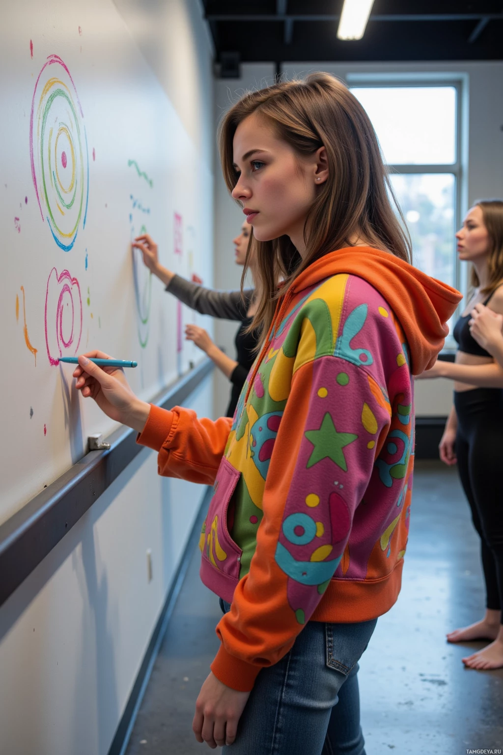 A person in a colorful hoodie draws on a whiteboard while others observe.