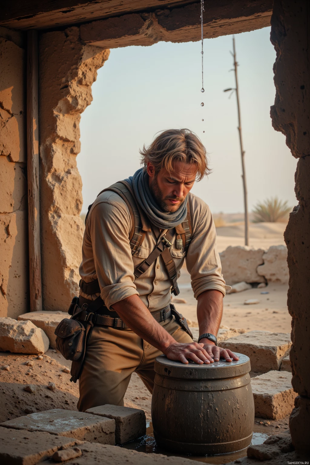 A man in desert attire kneels beside a water container in a ruined structure.