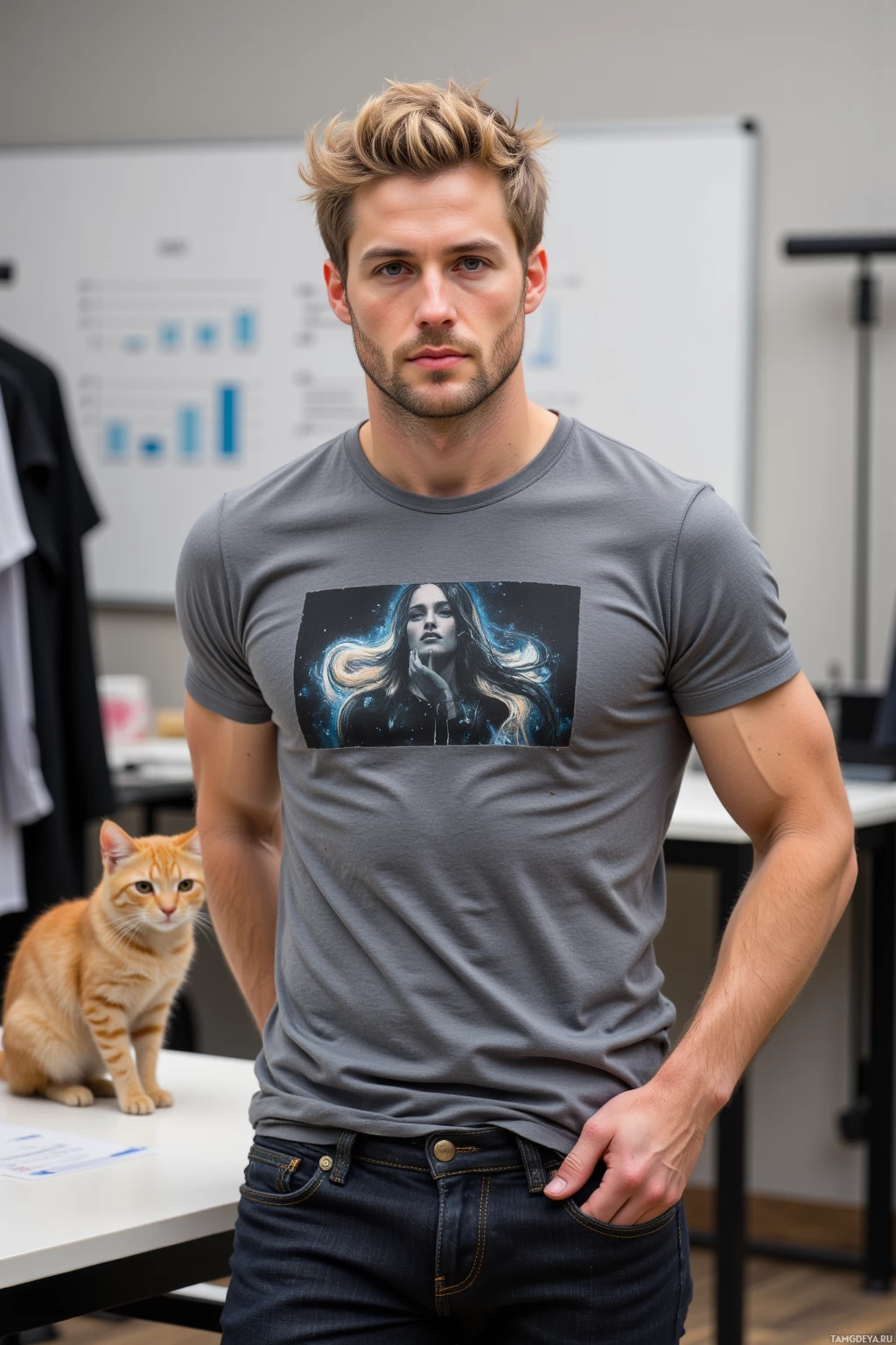 A man stands in an office setting wearing a gray t-shirt with a graphic design and jeans, with a cat sitting on a desk behind him.
