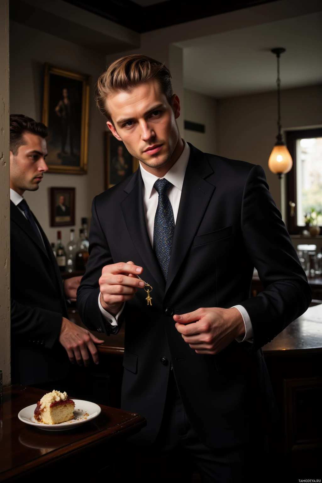 A man in a suit stands in a dimly lit room, holding a key fob, with another person partially visible in the background.