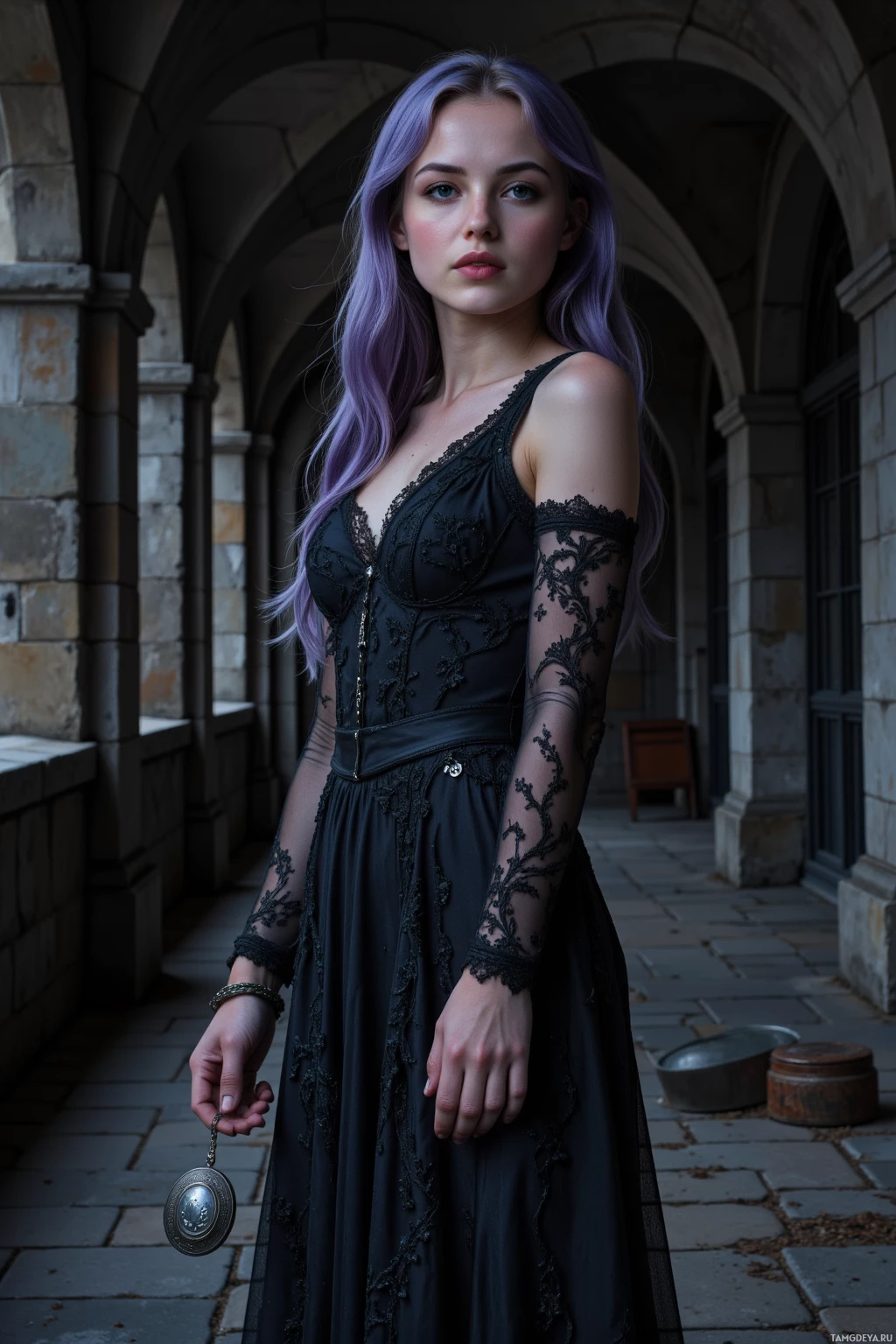 A woman with purple hair stands in an arched stone corridor, wearing a black lace dress and holding a small round object.