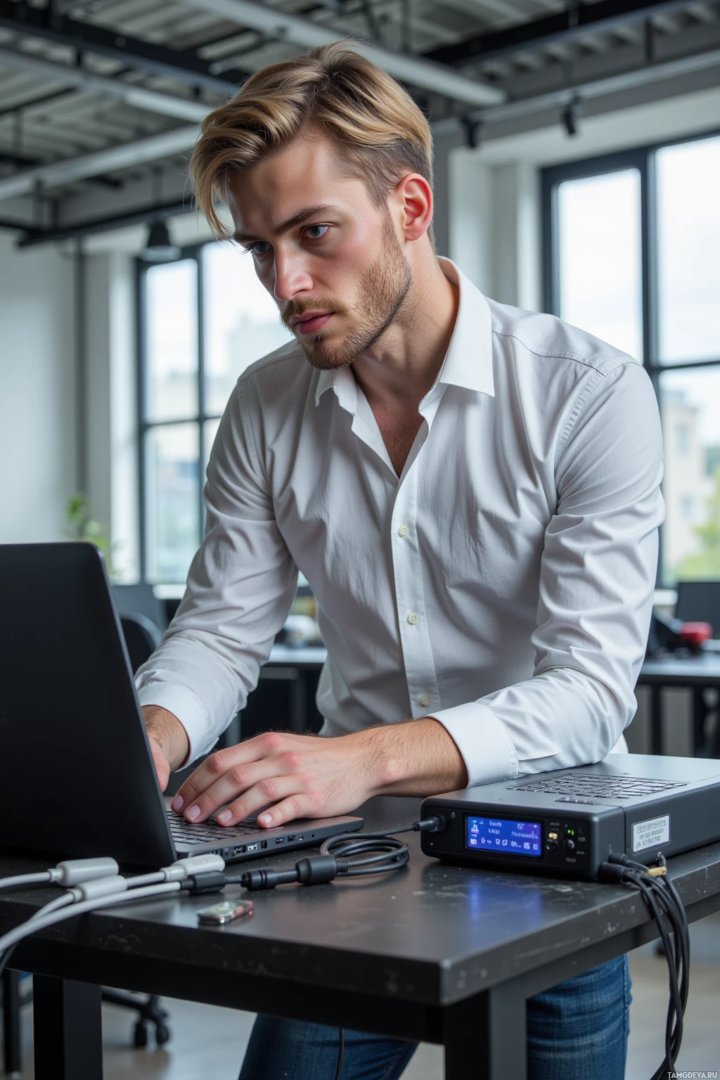 A man in a white shirt leans forward, working on a laptop in a modern office setting.