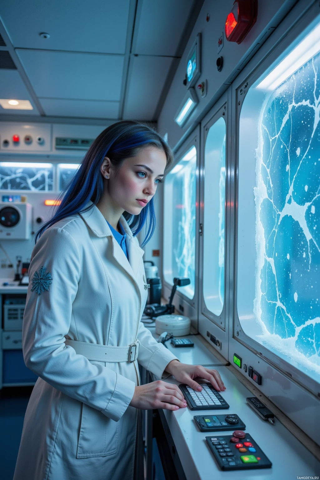 A person in a lab coat is operating a control panel in a futuristic setting.