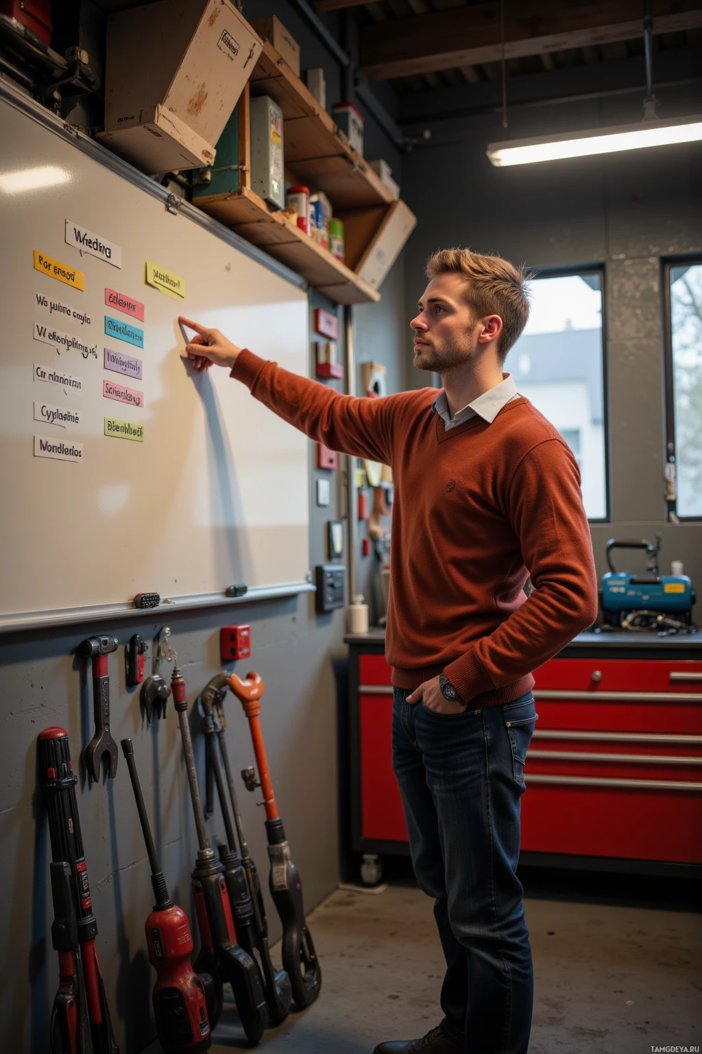 A man in a workshop points at a whiteboard with various words written on it.
