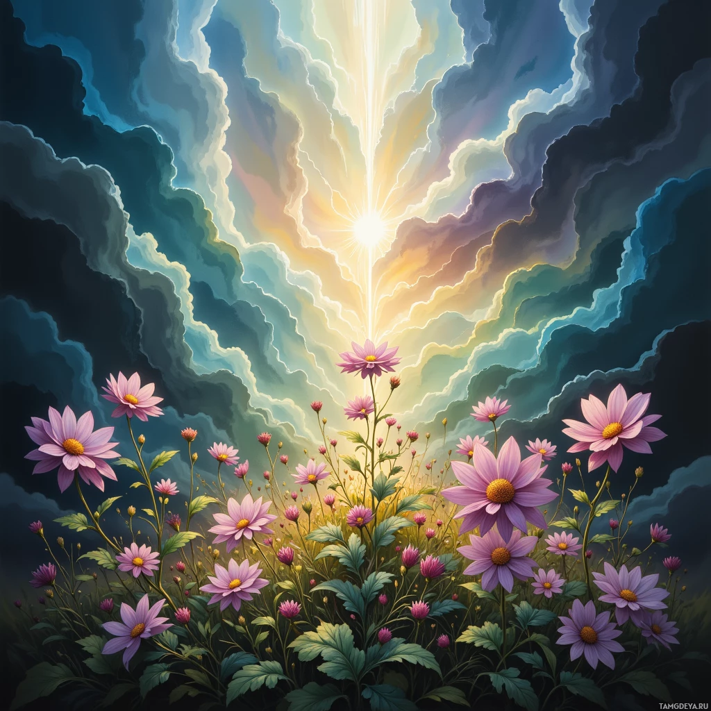 A vibrant painting featuring pink flowers and a radiant light source breaking through dark clouds.