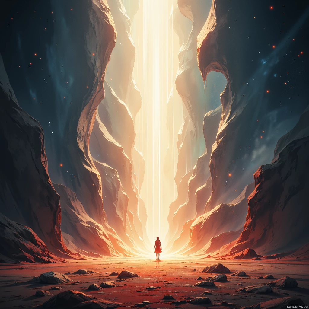 A lone figure stands at the entrance of a vast, ethereal canyon illuminated by a radiant light.