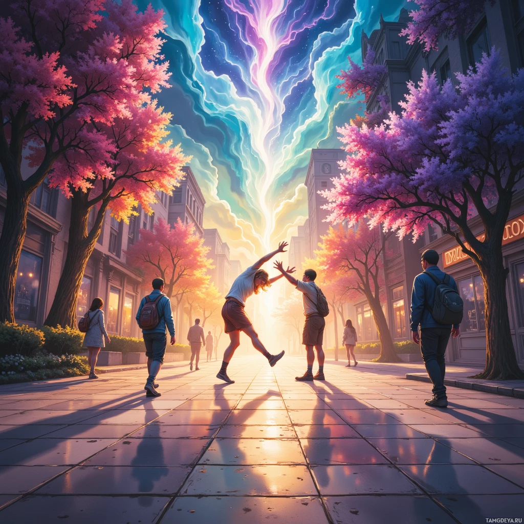 A vibrant city street scene with people walking and a colorful sky above.