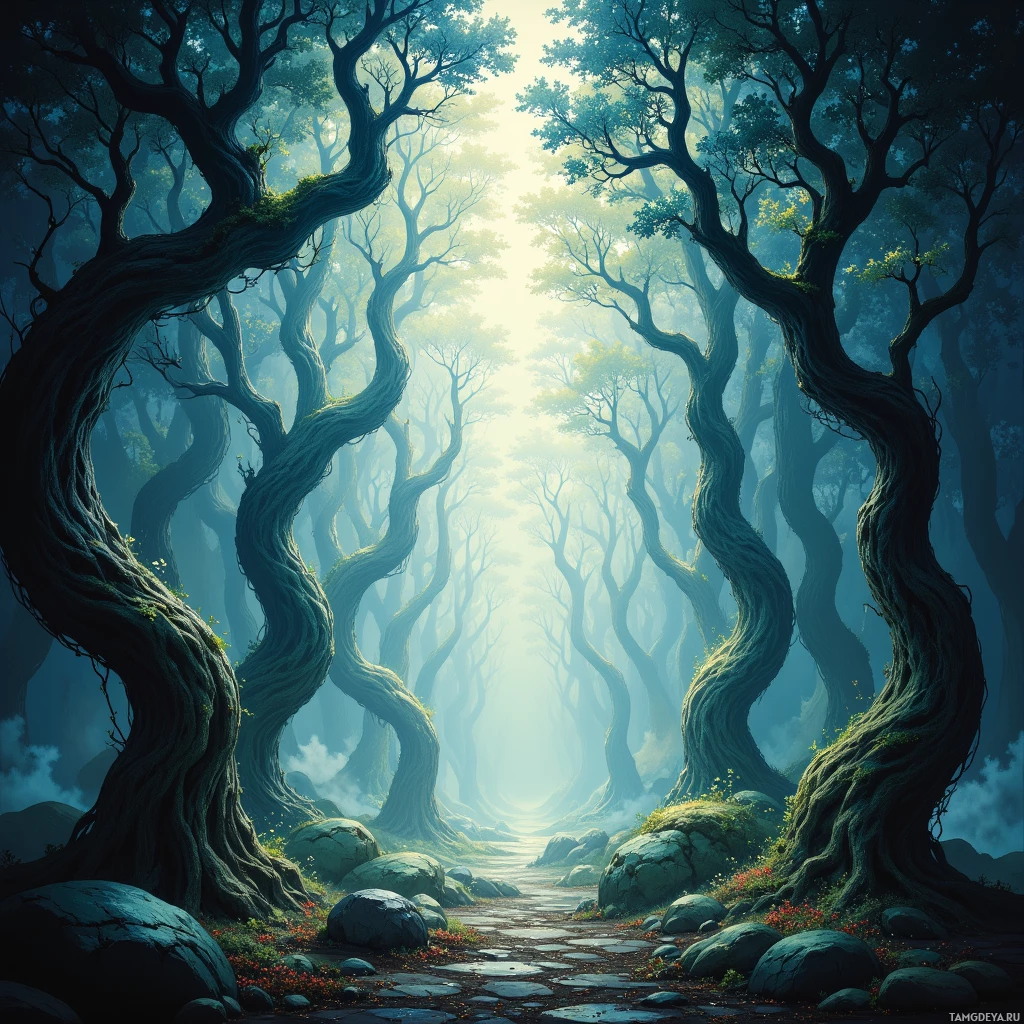 A mystical forest scene with twisted trees and a path leading towards a bright light.