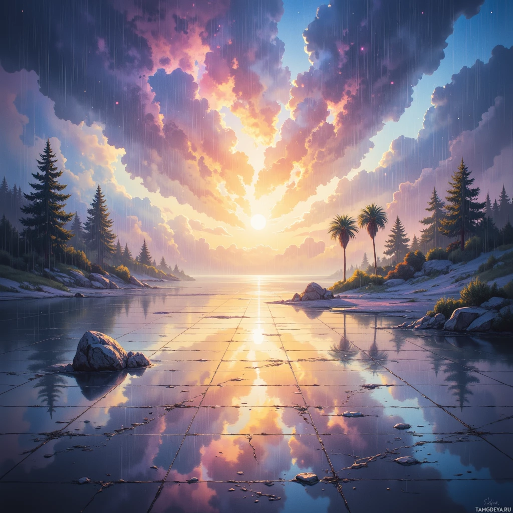 A serene sunset scene with rain falling over a calm lake reflecting the colorful sky and surrounding trees.