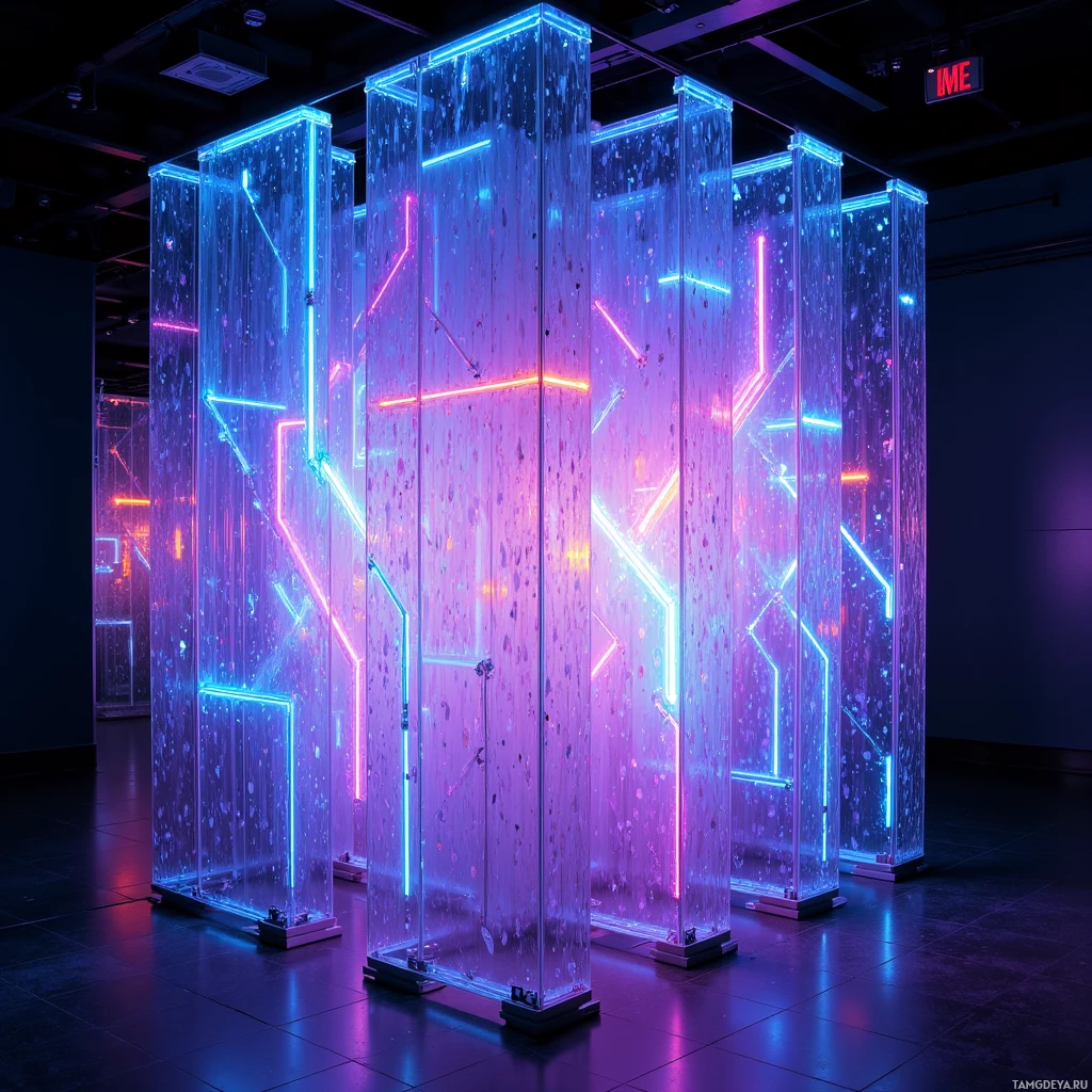 A modern art installation featuring illuminated, transparent structures with neon lines.