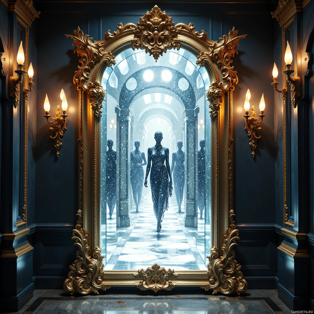 A grand, ornate golden-framed mirror reflects a snowy, arch-lit hallway with silhouetted figures.
