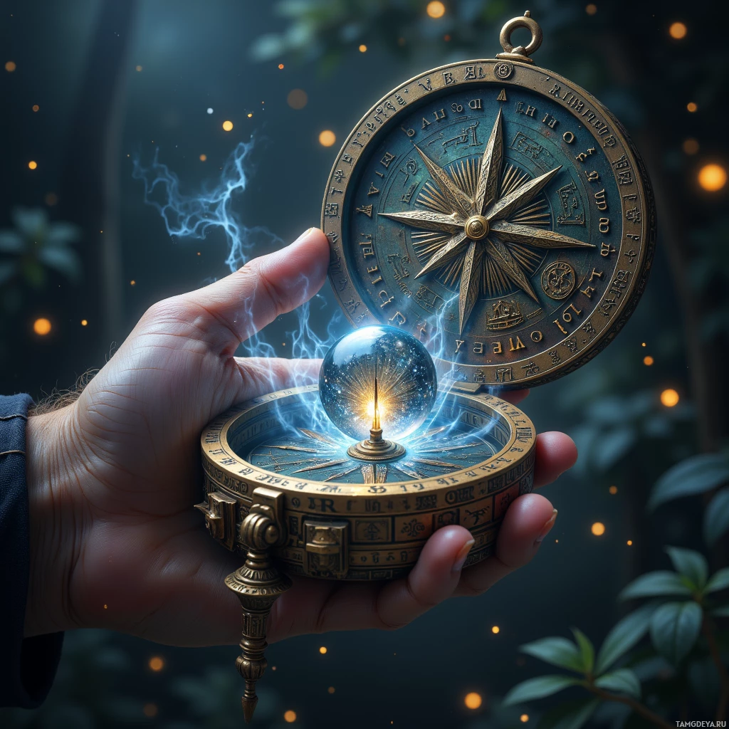 A hand holds an ornate compass with a glowing crystal ball at its center, surrounded by a mystical, glowing atmosphere.