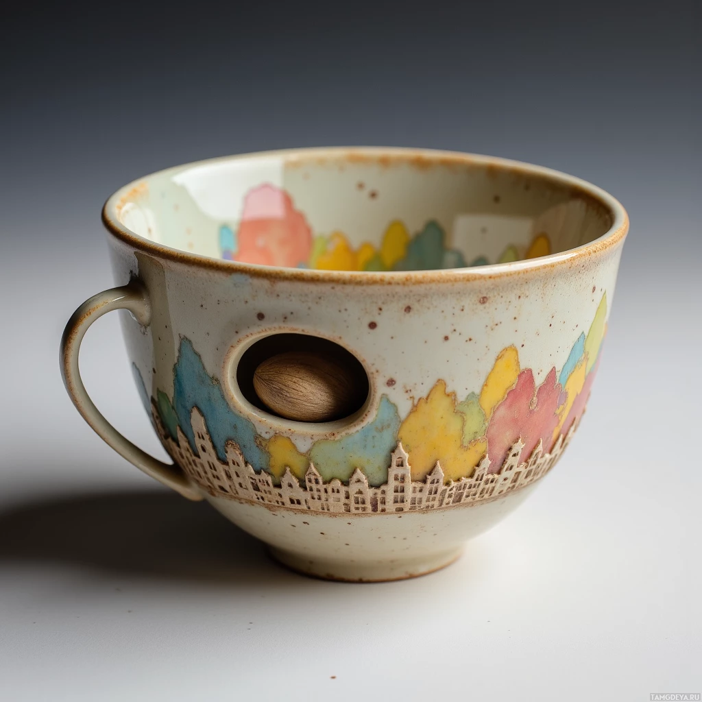 A ceramic cup with a cityscape design and a wooden spoon inside.