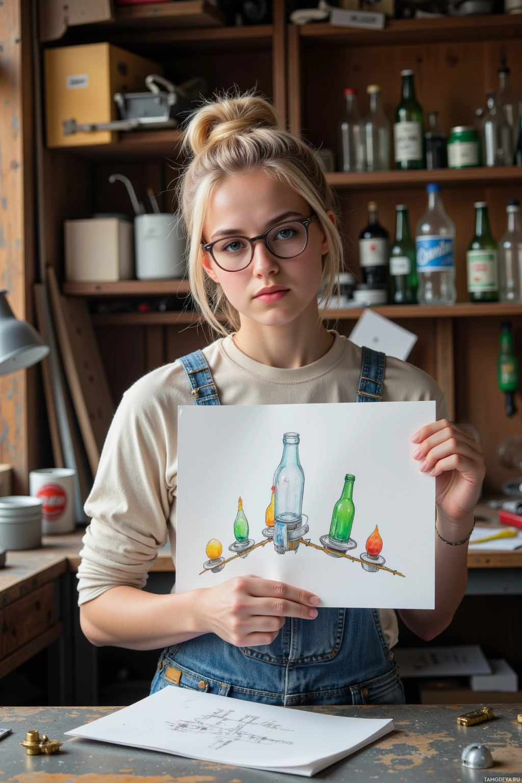 A person holds a drawing of bottles and a candle in a workshop setting.