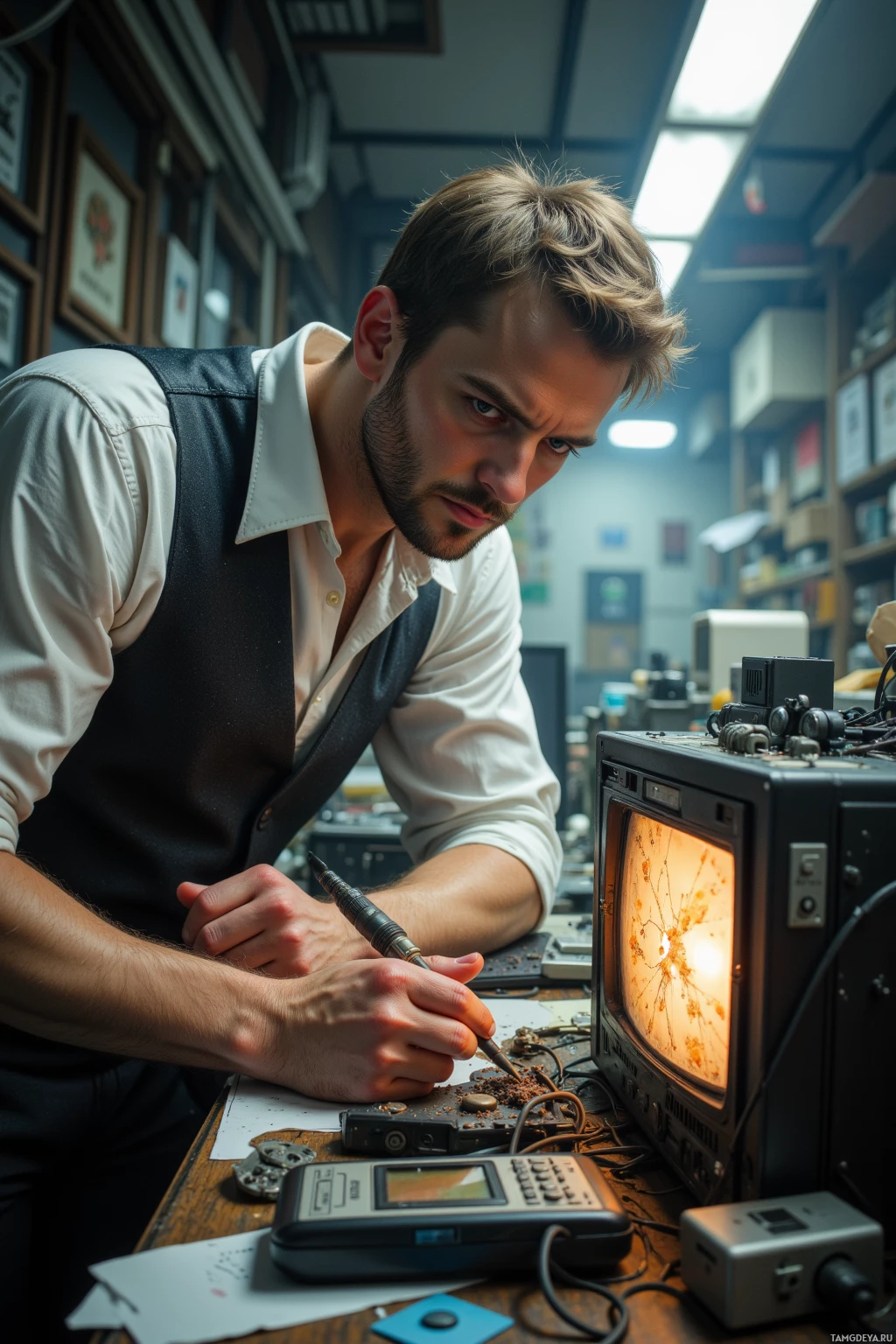 A man is working on a vintage electronic device in a workshop.