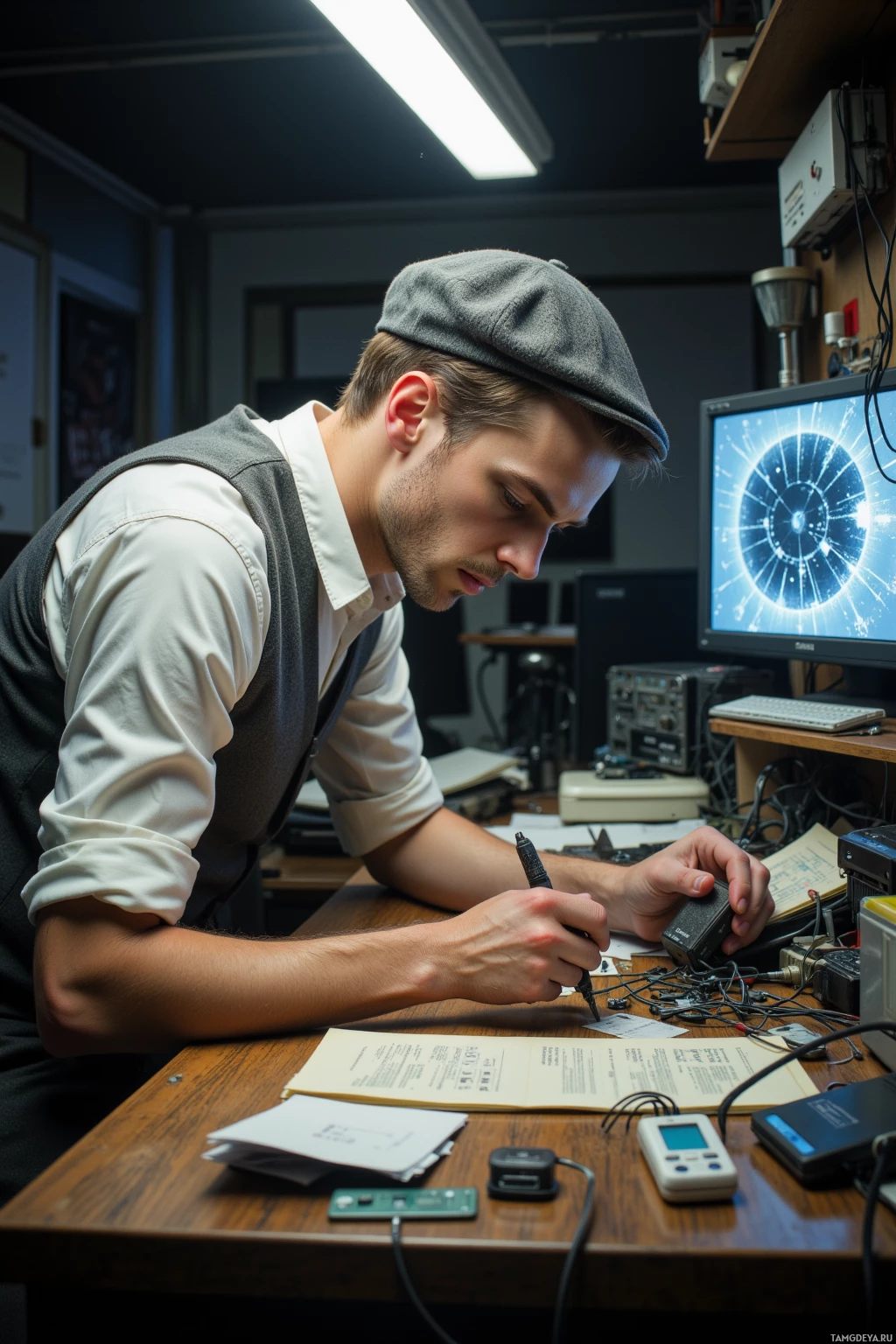 A person is working on a project at a desk with various electronic components and tools.