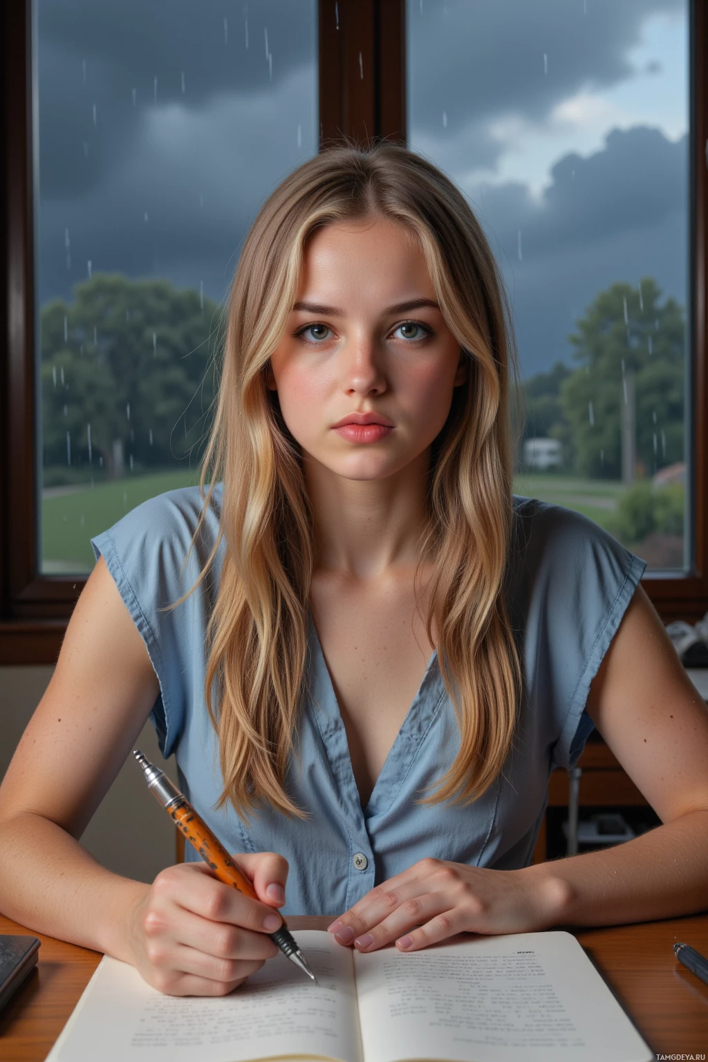 A young woman with long blonde hair sits at a desk, writing in a notebook with a pen, against a backdrop of a rainy window view.