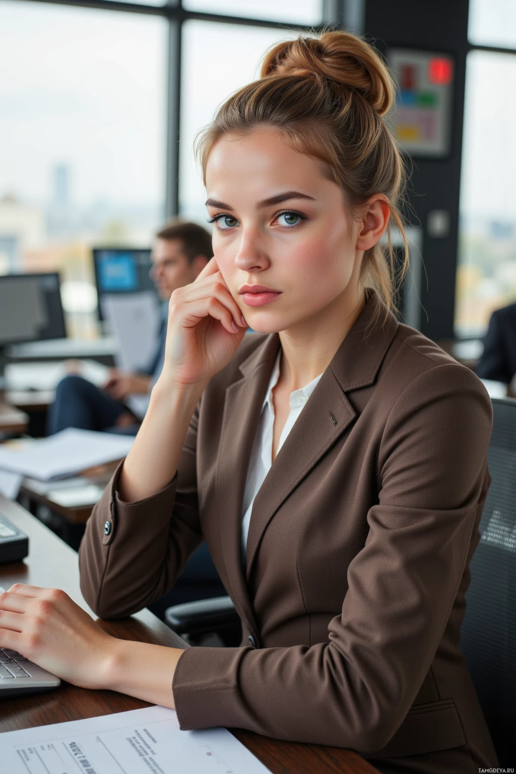 Realistic high quality photo. 32‑year‑old female negotiator with chestnut hair in a tight bun, bright blue eyes, fair skin, wearing a tailored brown blazer and knee‑length pencil skirt, inhaling calmly at her desk in a modern office with a keyboard, monitors, and soft afternoon light, exuding focused calculation.