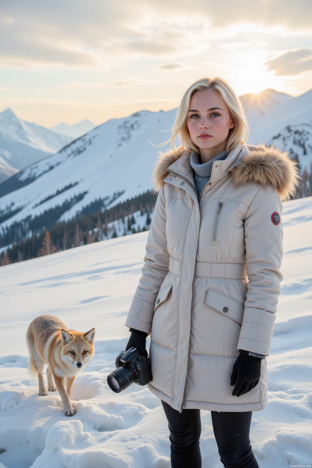A person in a winter coat stands in a snowy landscape with a fox and a camera.