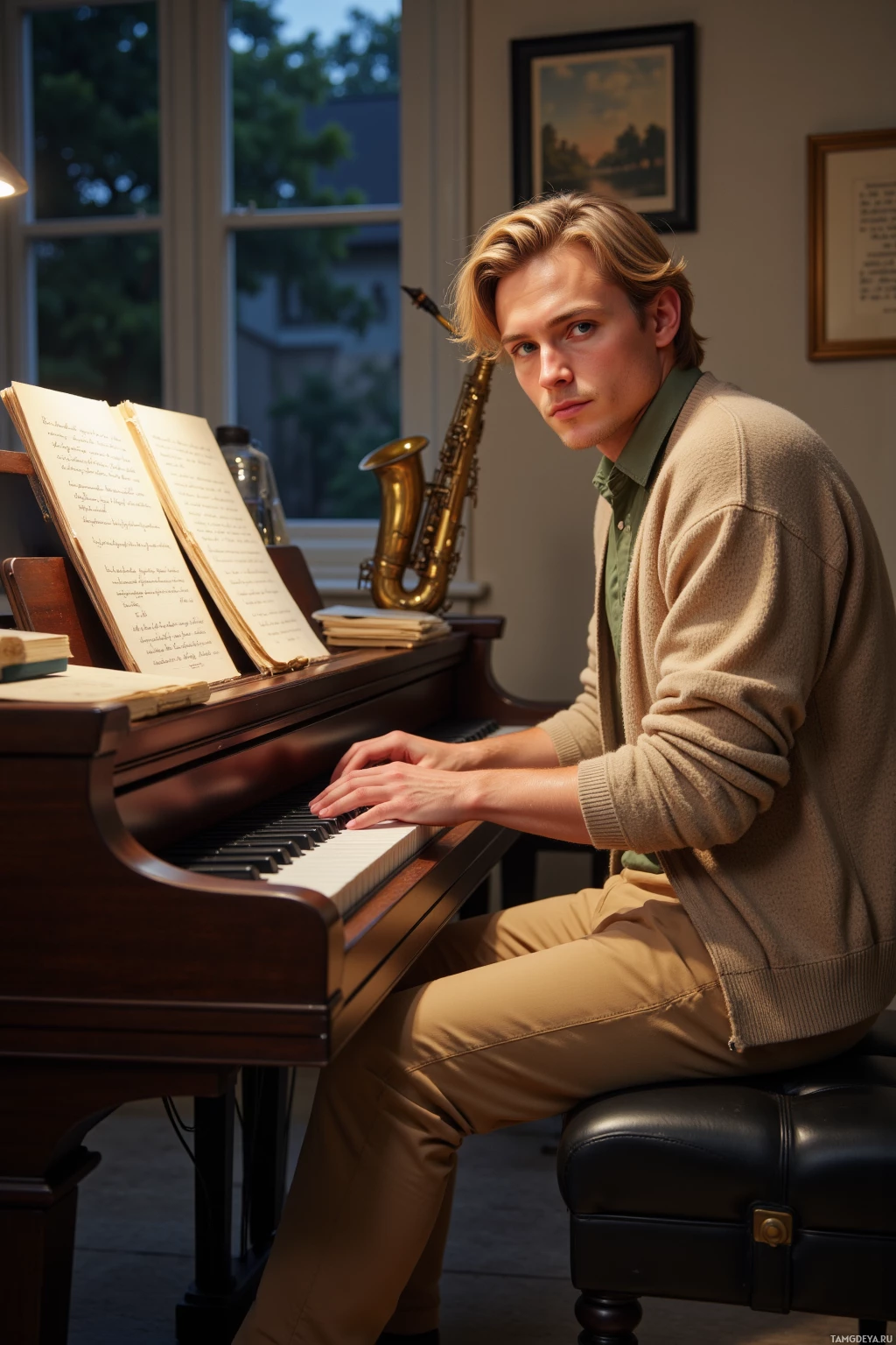 A person sits at a piano, hands poised over the keys, with a saxophone and open book nearby.