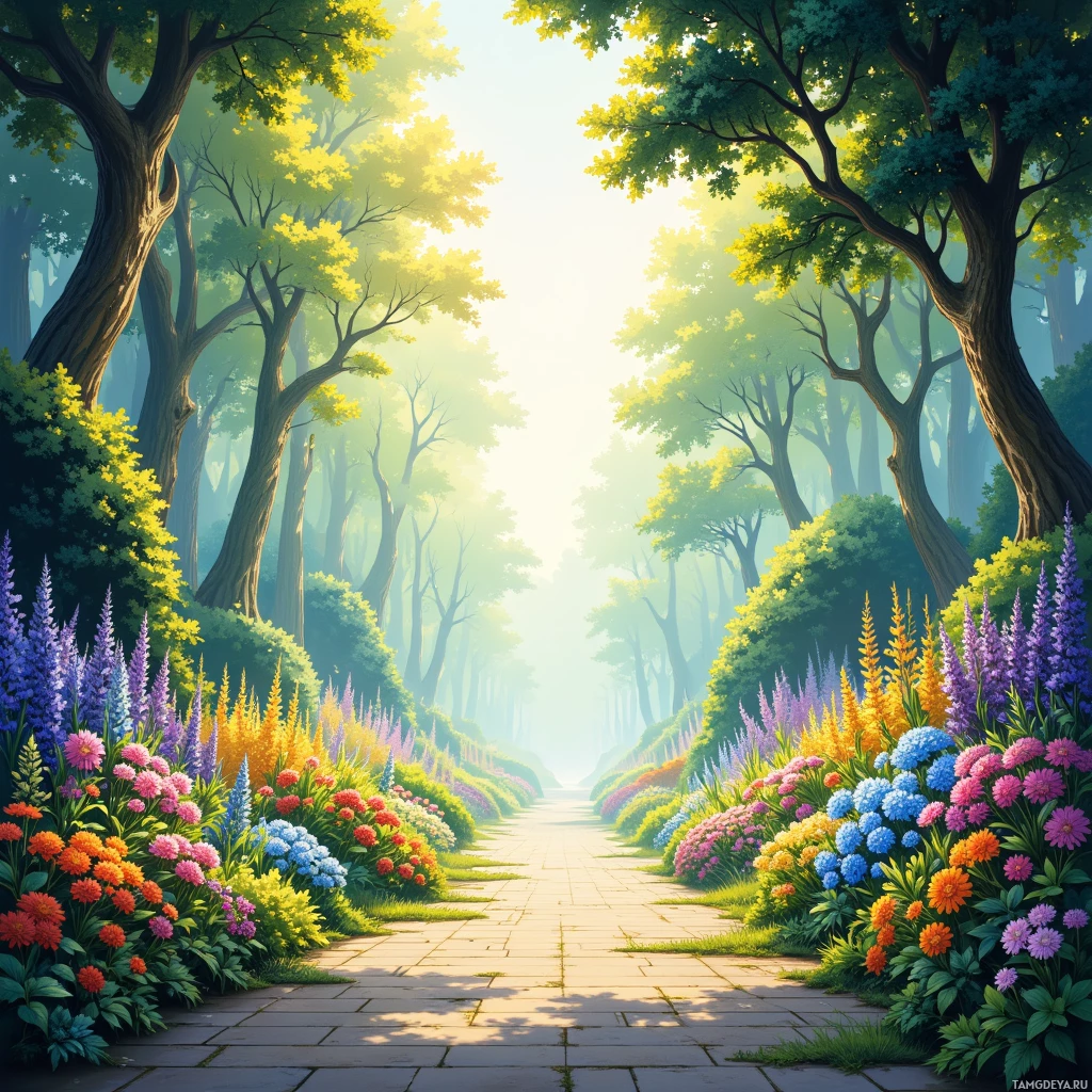 A vibrant garden path lined with colorful flowers and lush greenery leads through a serene forest.