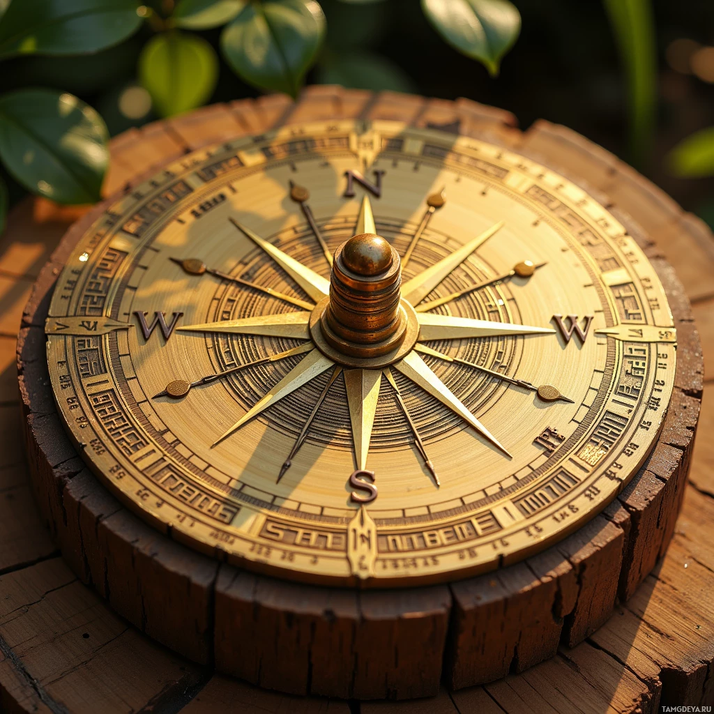 Semi-abstract image with many light, that is suitable for the post:  A hand‑crafted laser‑cut brass garden compass: polished brass disk with a 360° scale etched in fine star‑chart style lines, tiny brass grid markings radiating from the center, subtle golden patina, resting on a small cedar base.
