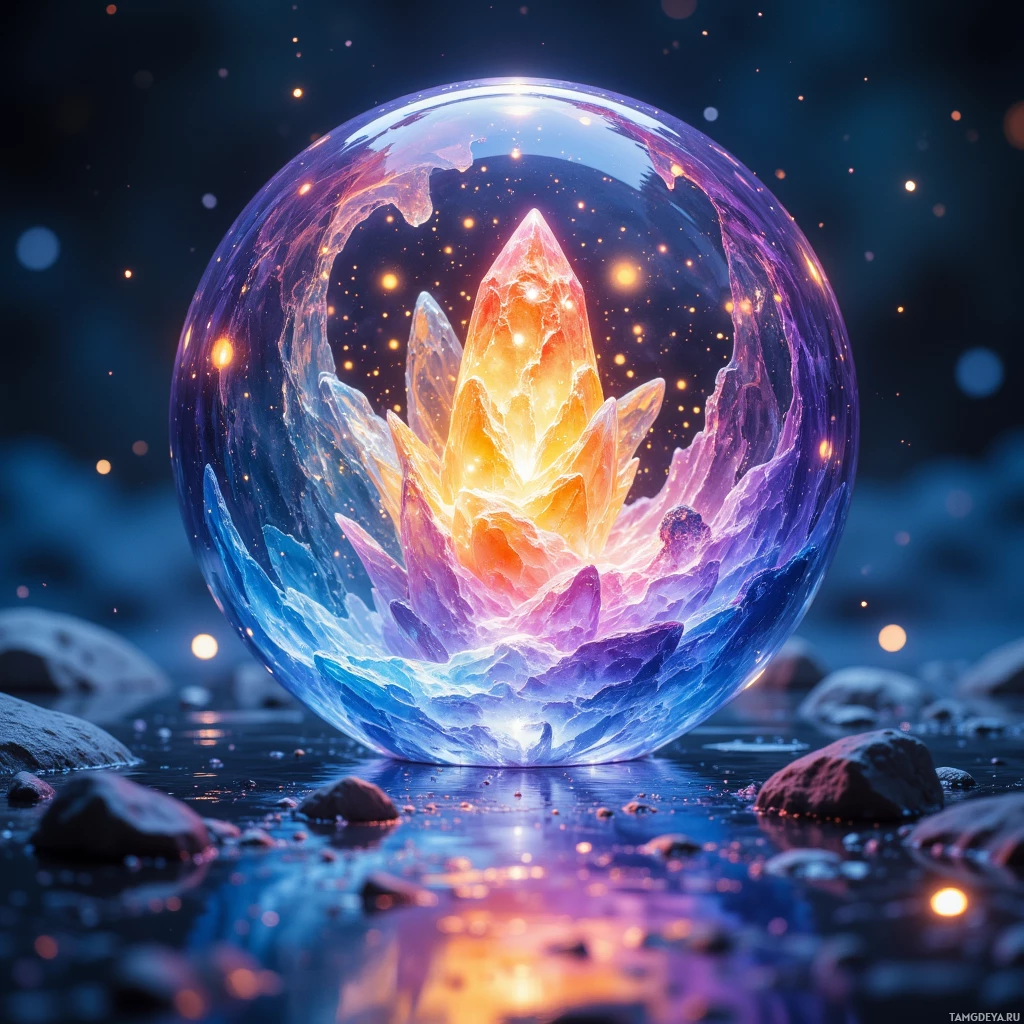 A glowing crystal sphere with a fiery, ethereal interior rests on a reflective surface surrounded by small stones.
