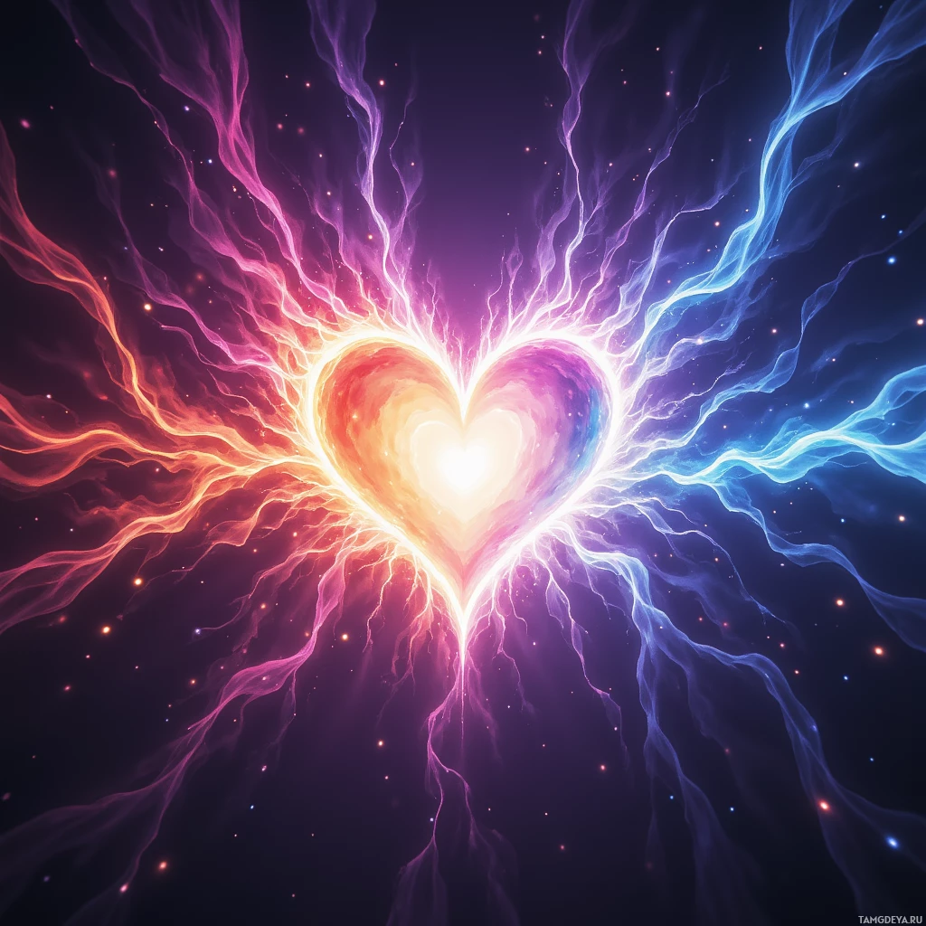 A vibrant, glowing heart radiates energy with colorful, wavy lines against a dark background.