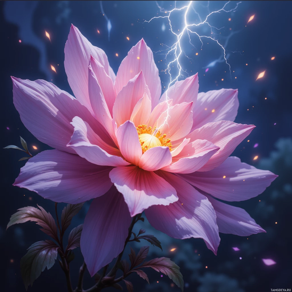 A vibrant pink flower with a yellow center is set against a dark, stormy sky with lightning and glowing particles.