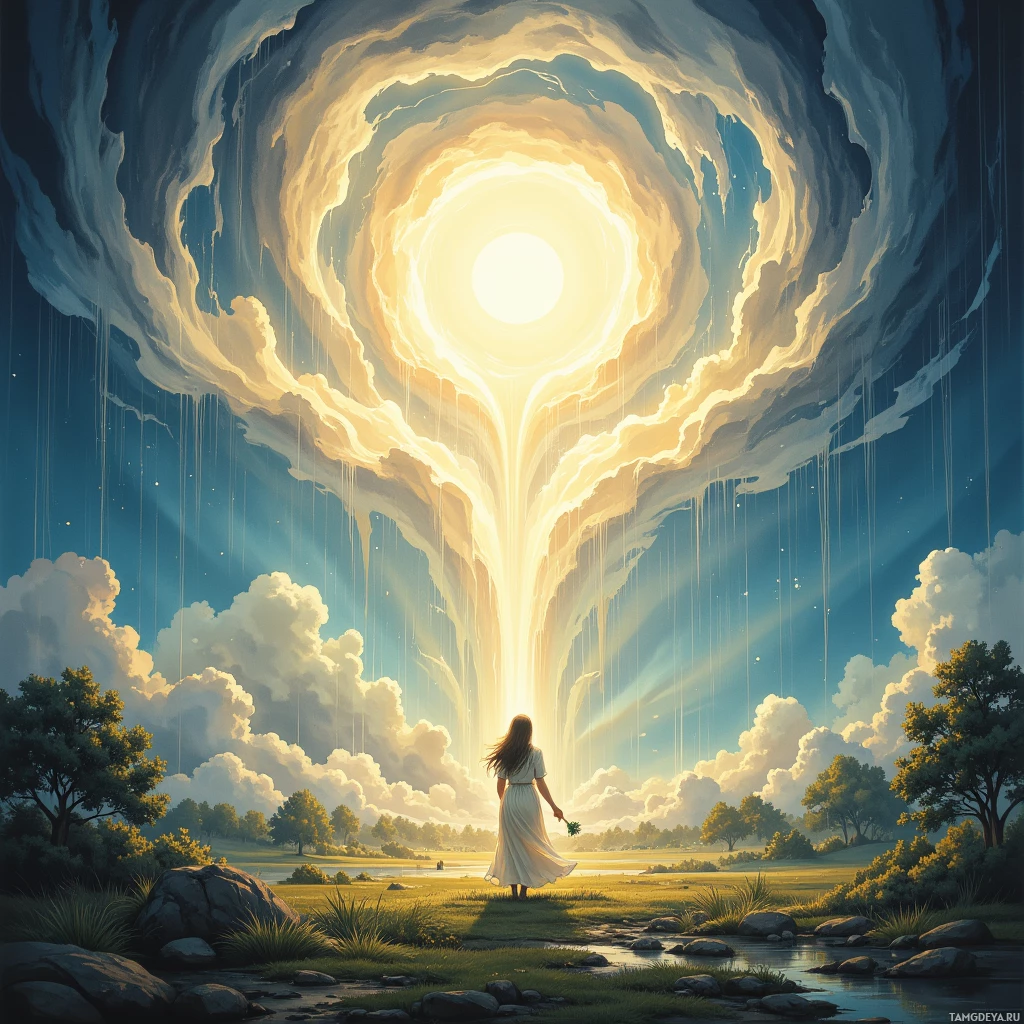 A serene landscape with a woman in a white dress standing in a field, gazing at a radiant, glowing portal in the sky.