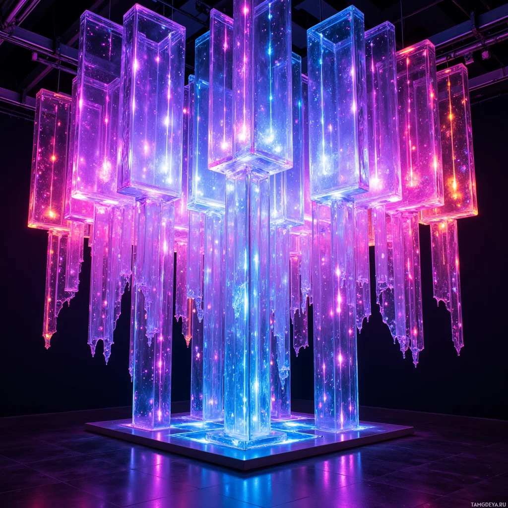 A modern, illuminated sculpture featuring hanging, translucent columns with vibrant purple and blue lighting.
