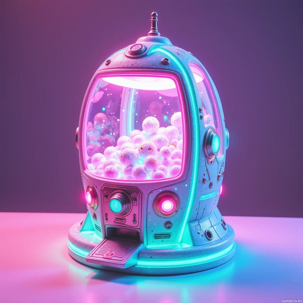 A futuristic, glowing machine with a dome-shaped top and pink and blue lights.