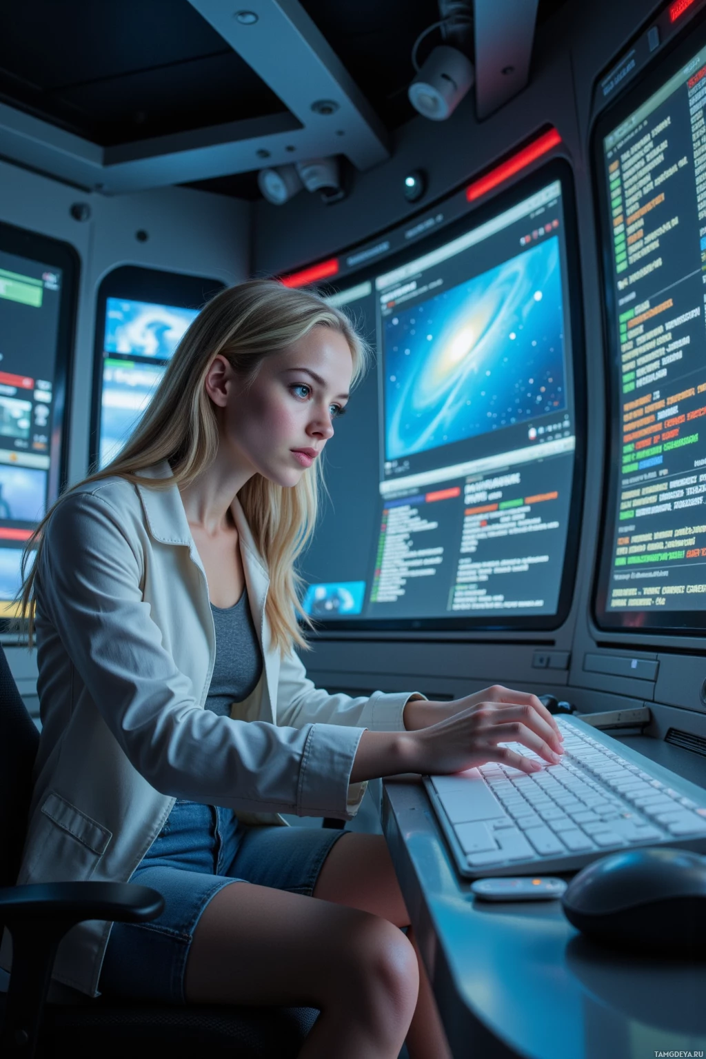 Realistic high quality photo. Female engineer, 24, long blonde hair, sharp green eyes, fair skin, wearing a sleek white tech-fabric jacket, grey top, light blue jeans, and white sneakers, sits in a dimly lit futuristic control room, staring at a starlit holographic error log projected on a curved display while her hands hover over a floating keyboard, faint cosmic hum filling the air and her face showing focused impatience.
