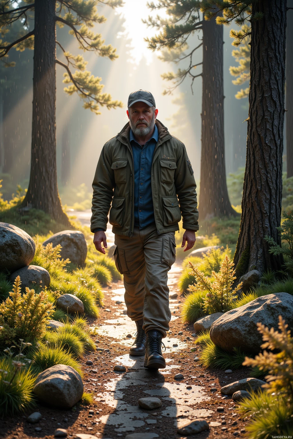 Realistic high quality photo. A 40-year-old man with a rugged beard, blonde hair under a cap, blue eyes, pale skin, wearing a durable jacket, camouflage pants, and sturdy boots, walking quietly through a sunlit forest trail slick with rain, following a stone marker and a shadow, with dew on pine needles visible, morning light filtering through trees.