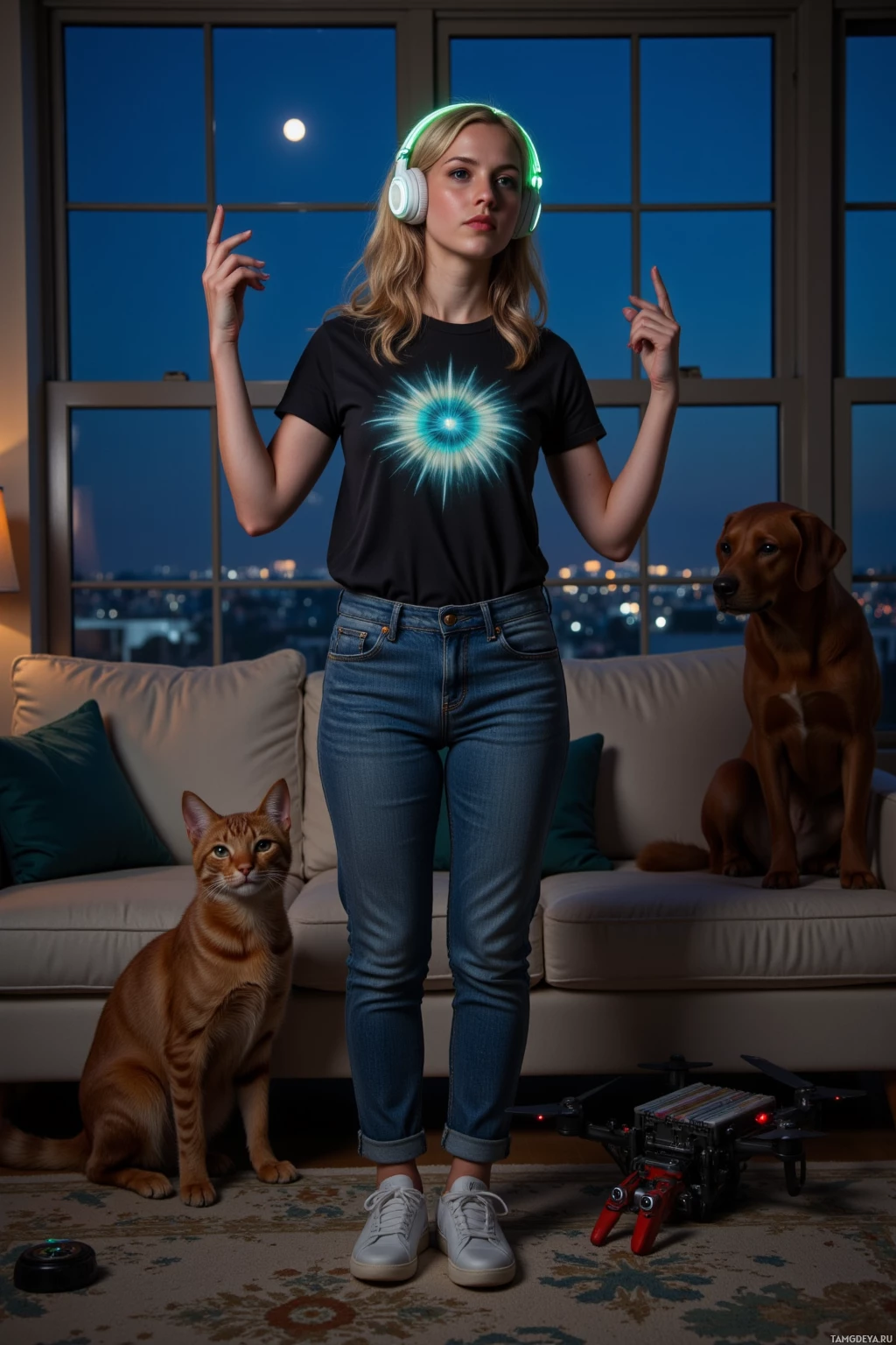 Realistic high quality photo. A 25‑year‑old woman with curly blonde hair, bright blue eyes, smooth white skin, small nose, prominent cheekbones, wearing a black t‑shirt, jeans, and sleek sneakers, standing in a dimly lit modern living room at midnight, holding a shoebox of synth club records, wearing glowing headphones, and surrounded by a curious cat, a large brown dog, and a dusty abandoned drone, all watching as she energetically gestures and urges them to embrace the future of glitchy jazz.