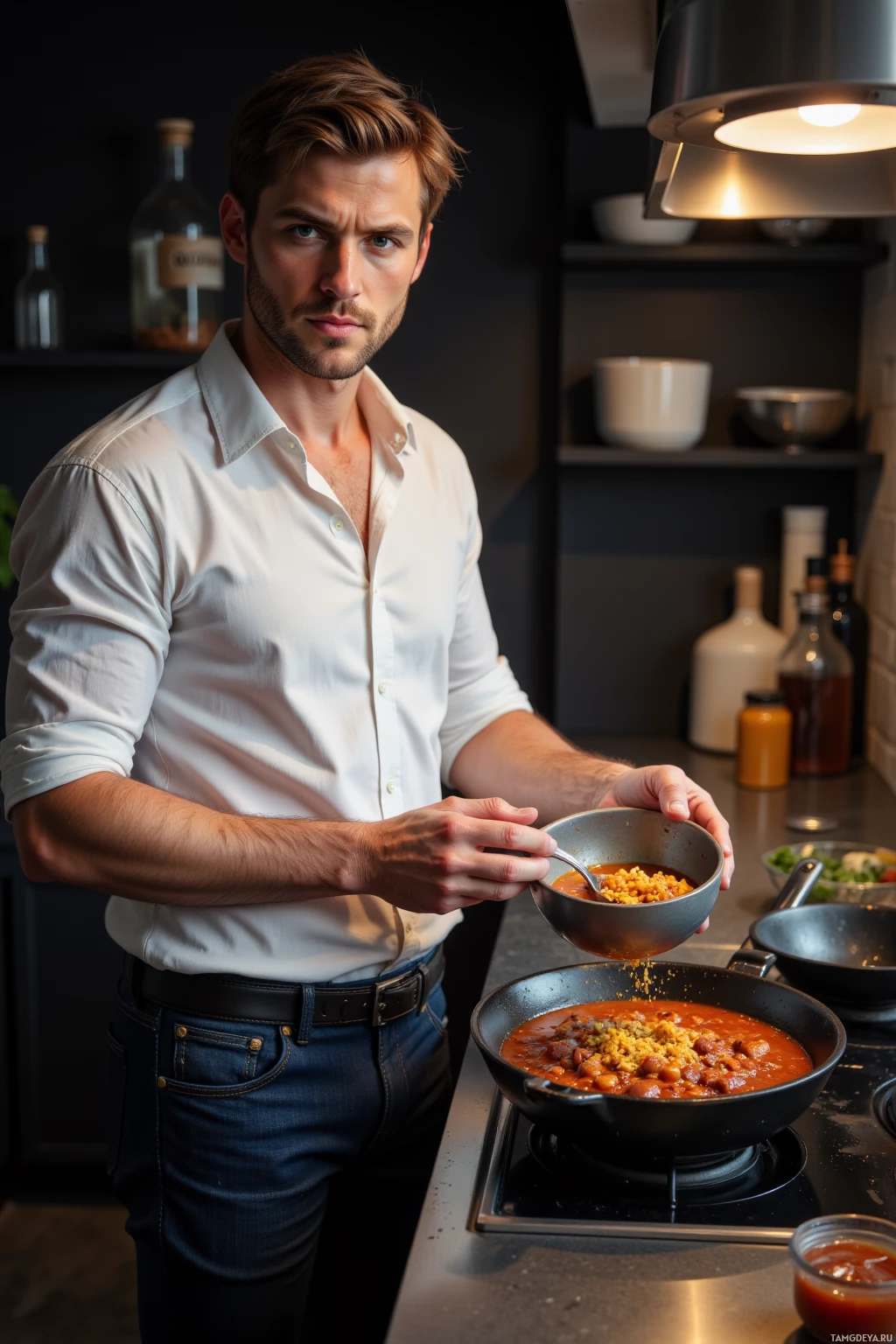 Realistic high quality photo. A 26‑year‑old man with short light brown hair, bright blue eyes, wearing a crisp white shirt and fitted dark blue jeans stands at a midnight kitchen counter, pushing a bowl of chili while scattering spices onto a heavy skillet, flickering kitchen lights casting dramatic shadows, his expression a mix of confident determination and faint self‑doubt.