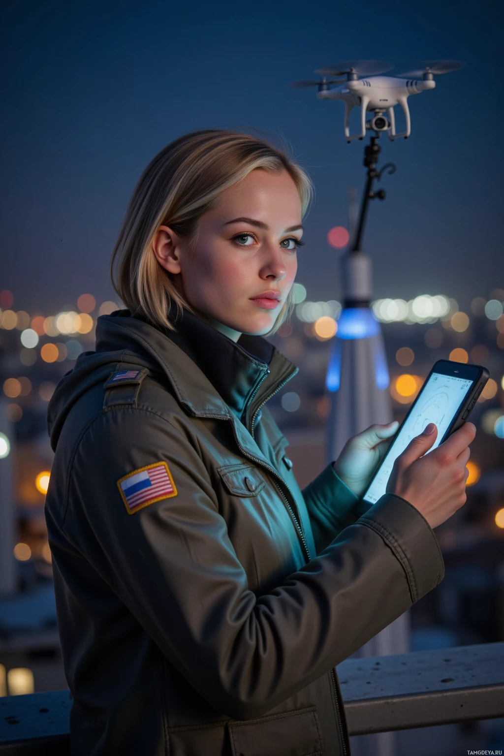 Realistic high quality photo. Night rooftop, woman in a classic pilot jacket with a Russian flag patch, short blonde hair, blue eyes, pale skin, holding a navigation board and tablet, a small drone perched on a pole shifting its payload in the wind, city lights flickering below, she carefully adjusts the angle with a meticulous gaze.