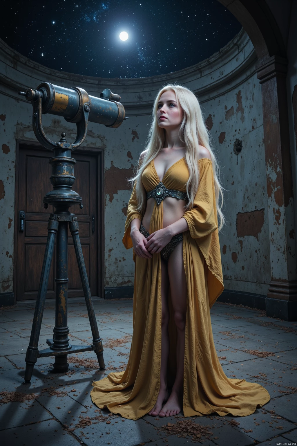 Realistic high quality photo. 29-year-old female celestial beauty with long blonde hair, shimmering blue eyes, porcelain skin glowing, high cheekbones and small nose, wearing flowing starry robes cinched with a silver belt and tiny gemstones, faint otherworldly aura, standing in a dusty forgotten corner of an abandoned observatory beside a rusted telescope, gazing at a moonless night sky, contemplative and isolated, surrounded by stardust.