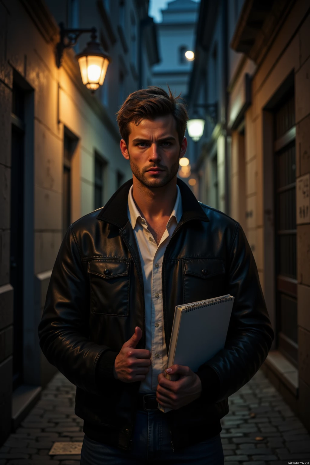Realistic high quality photo. Man, 38, short brown hair, blue eyes, pale skin, sharp angular features, wearing a casual jacket, stands in a dimly lit alley at night, flickering streetlamp shadows, holding a notebook, eyes focused and tense, as the city hums around him.