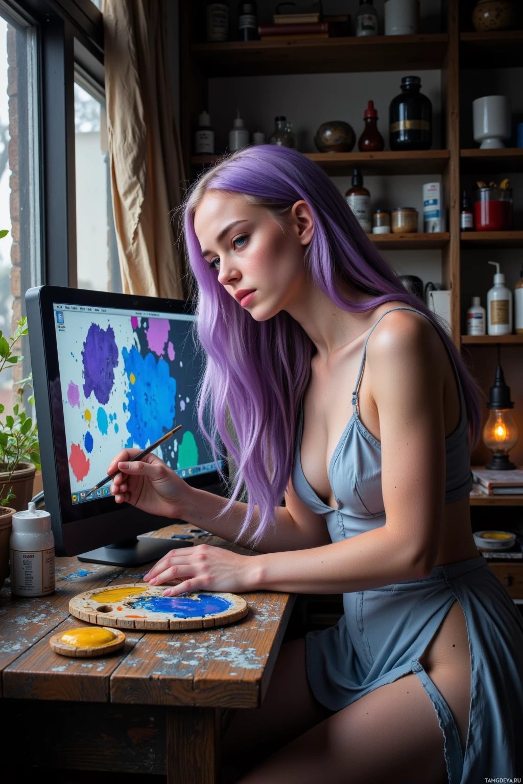 Realistic high quality photo. Female digital artist, 27, with flowing violet hair, bright green eyes, porcelain skin, wearing a translucent crystalline dress, sits in a dim studio, a glowing computer screen splattered with asymmetrical paint, beside her a cracked wooden palette spilling rusted cobalt pigment, dusty shelves of old paint tubes, she holds a brush, whispering to the colors, expression frustrated, warm amber lighting from a desk lamp.