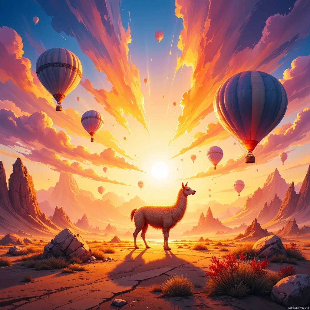 Semi-abstract image with many empty light space at center of beautiful background, that is suitable for the post:  Sunrise flickers on my mind like a llama‑laden hot air balloon, buzzing through five highways of wonder.