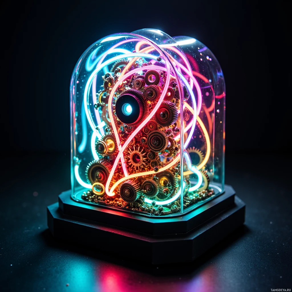 Semi-abstract image with many light, that is suitable for the post:  Compact glass‑encased mechanical calculator with a transparent casing, lattice of interlocking brass gears illuminated by swirling neon ribbons that map prime factorization, matte black housing, pocket‑sized.