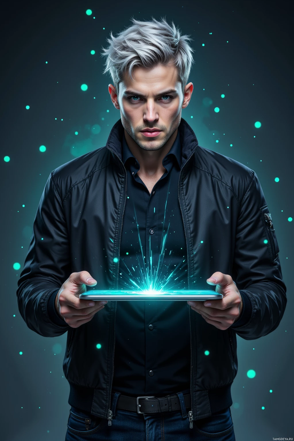 Realistic high quality photo. A 29‑year‑old man with messy silver hair, piercing blue eyes, pale skin, and a strong jawline, wearing a sleek black jacket with neon green accents and dark minimalist jeans, stands in a dim, high‑tech studio surrounded by floating corrupted code fragments and pulsing electric heartbeats, holding a flickering holographic sign that displays his glitch‑infused thoughts while his expression radiates rebellious confidence, midnight atmosphere.