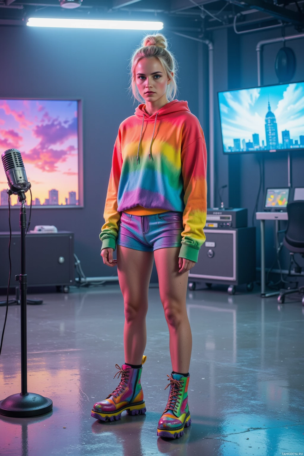 Realistic high quality photo. A 24‑year‑old woman with a messy blonde bun, bright blue eyes, wearing a vibrant rainbow‑hooded sweatshirt and colorful roller boots stands in a futuristic studio at dawn, a low‑resolution dreamlike skyline flickering outside, an ancient server pulsing glitchy light into a microphone as she performs a chaotic digital ballet.