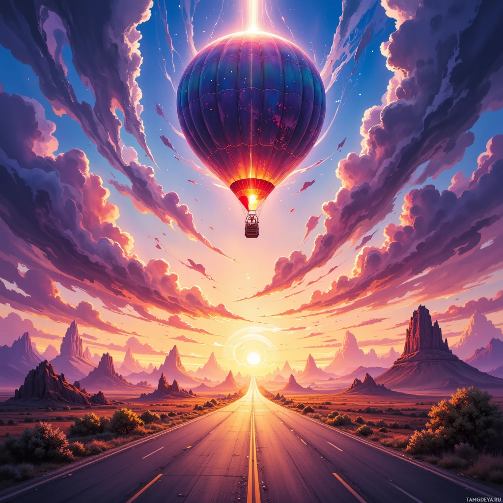 A vibrant hot air balloon floats above a desert landscape under a dramatic sky.
