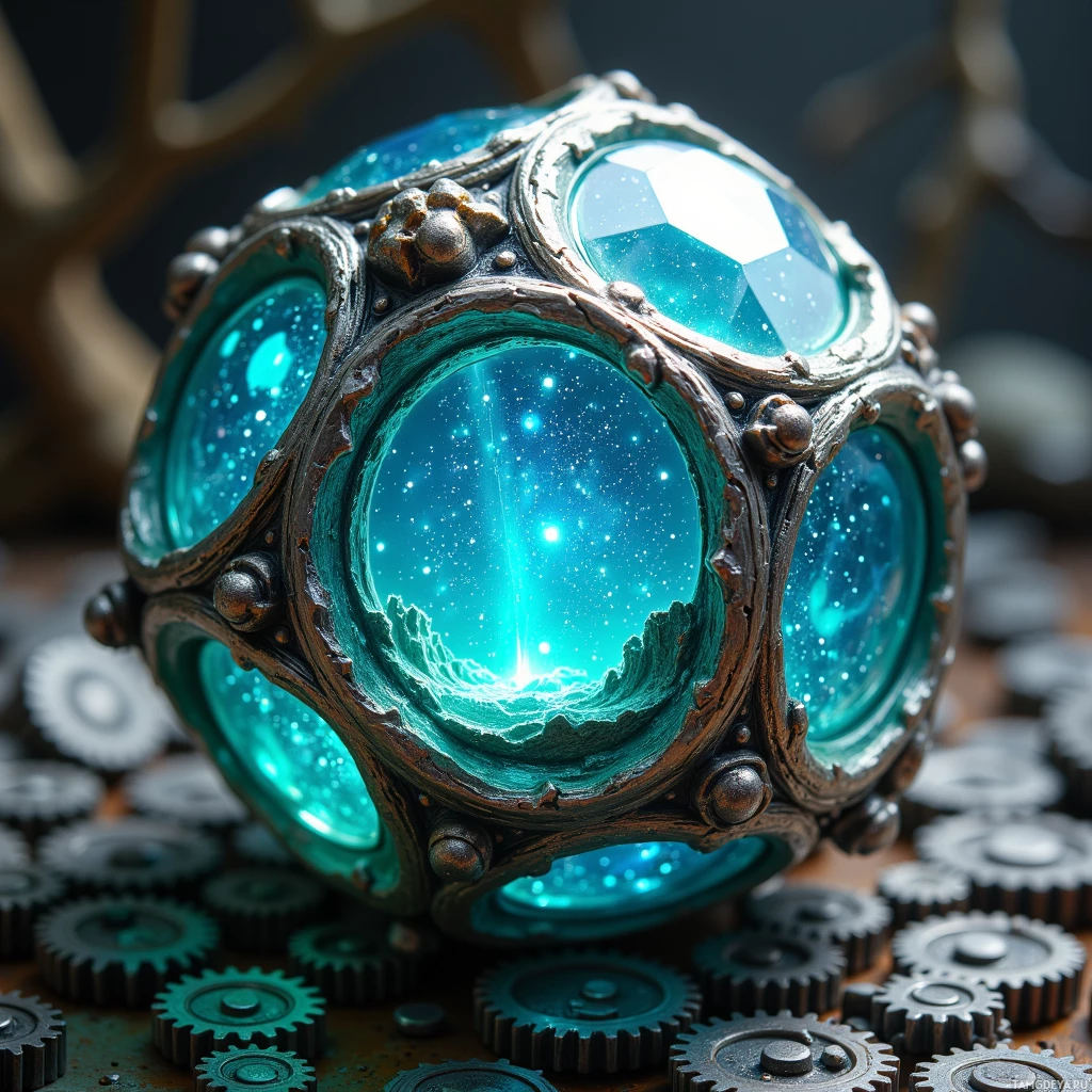 A detailed, ornate ring with a glowing, starry sky design set against a backdrop of gears.