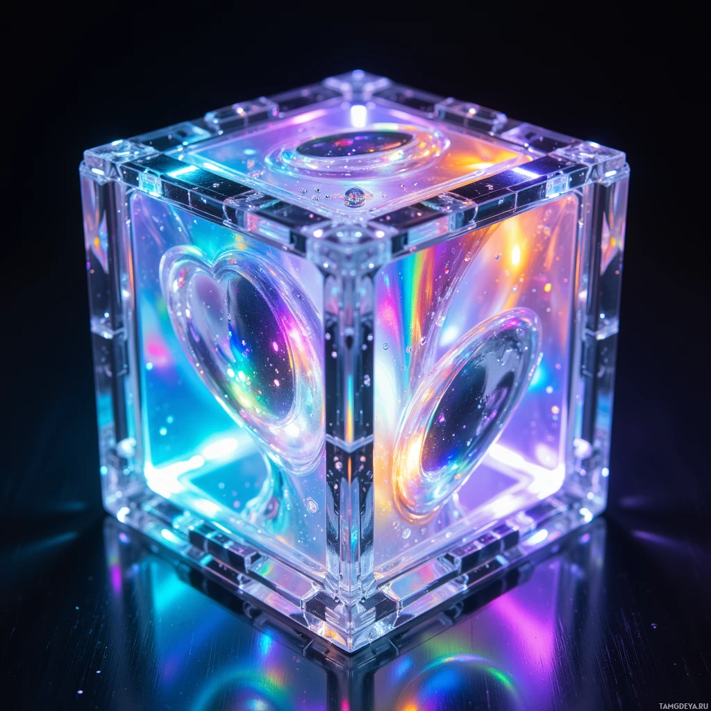 Semi-abstract image with many light, that is suitable for the post:  A tiny crystal‑clear cube with polished glass surfaces, shimmering rainbow panels flickering in iridescent patterns, subtle glowing edges, and a faint mechanical mic embedded on one corner.