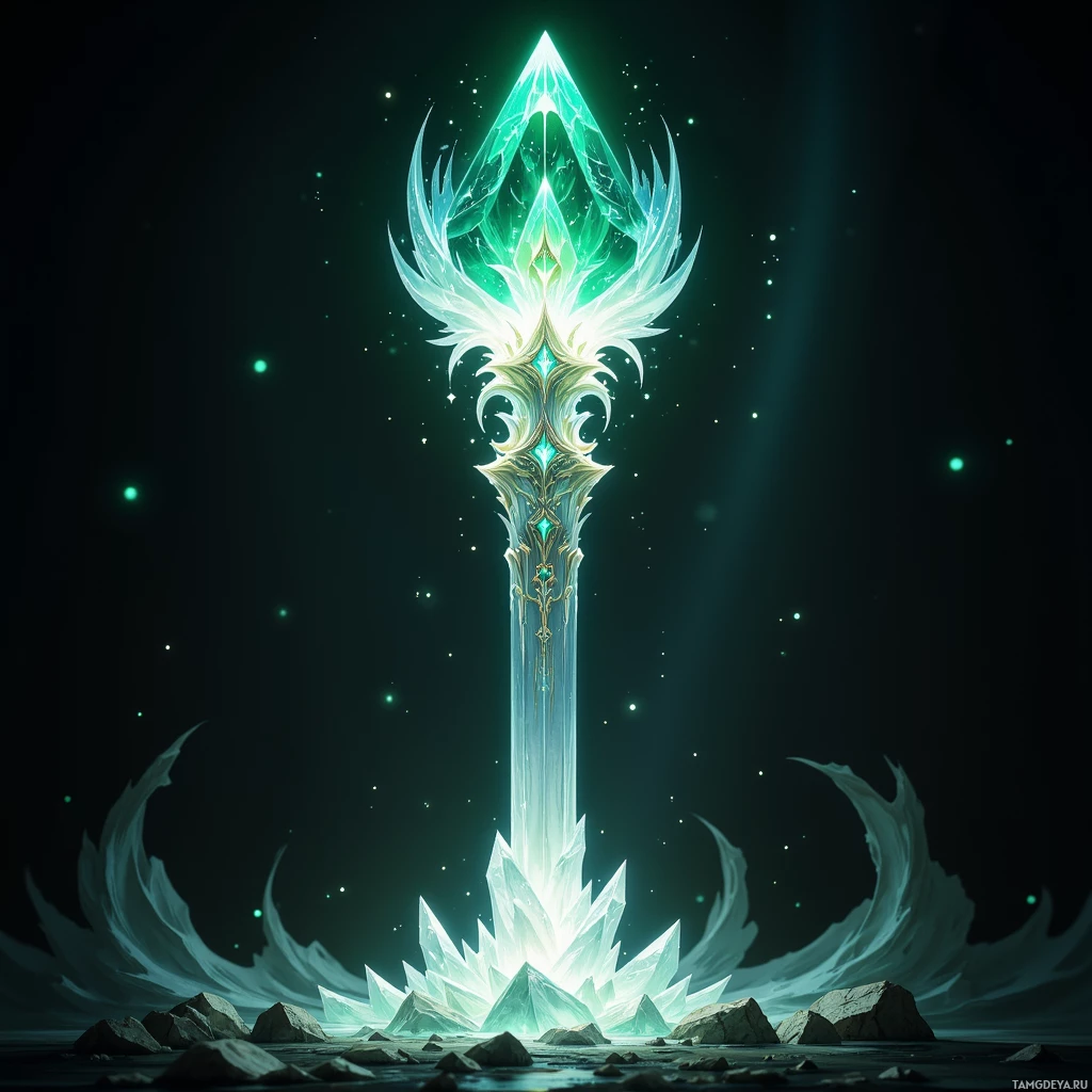 Semi-abstract image with many light, that is suitable for the post:  Moonlit quartz scepter shaft, translucent silver-white with subtle celestial glow, pulsing emerald tip shifting hues, ornate star‑like facets, slender elegant design, crystal-like surface with luminous halo.