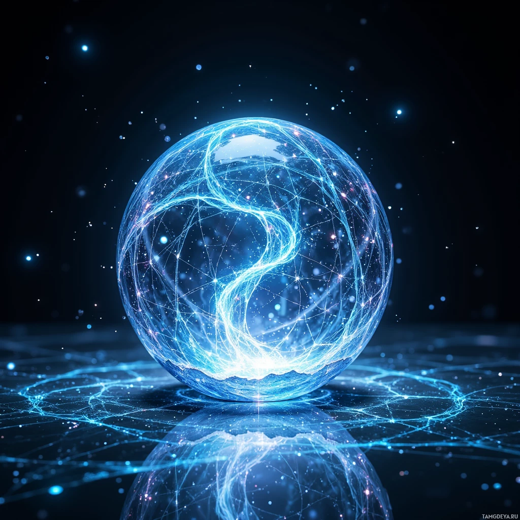 A glowing blue sphere with intricate network patterns and sparkling particles against a dark background.