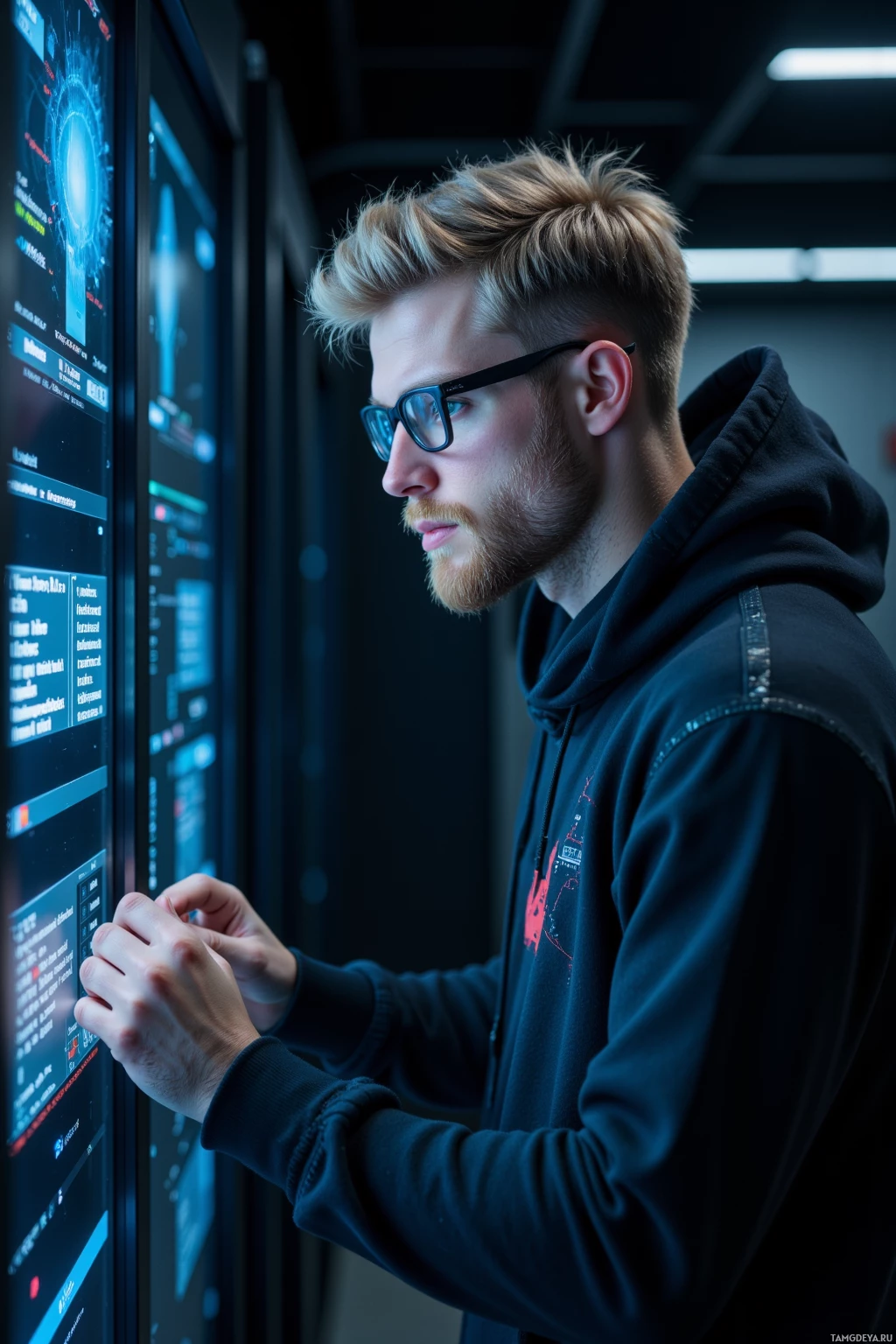 A person wearing glasses and a hoodie is interacting with a large digital display.